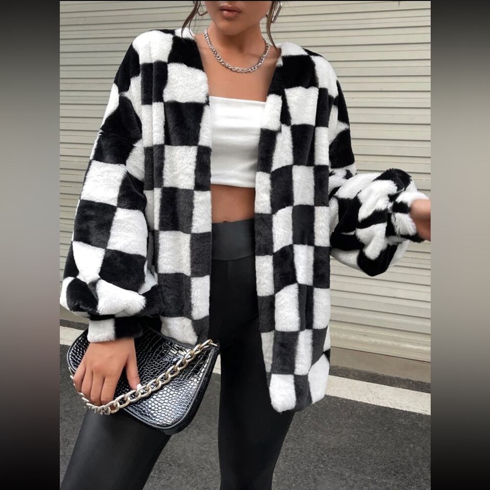Checkered Fuzzy Open Front Coat - image 1